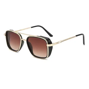 Retro punk double bridge sunglasses for men with square metal frames and brown gradient lenses