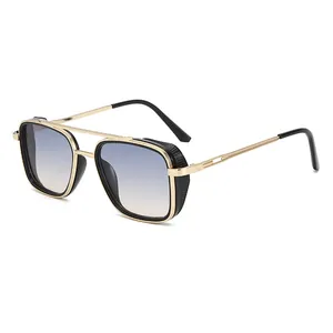 Double bridge punk metal sunglasses with side mesh shields and blue gradient lenses