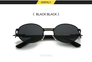 Overlooking view of black oval sunglasses featuring unique lightning-shaped metal temples
