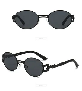 Detail view of punk round sunglasses with lightning shape metal temple design