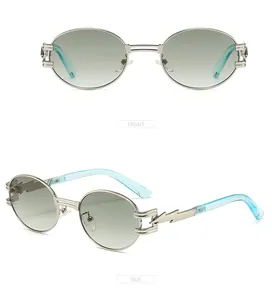 Detail view of oval punk sunglasses with unique silver lightning shaped hollow metal temples