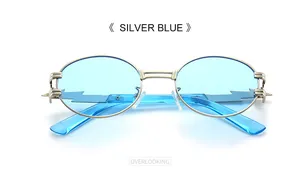 Detail of silver oval metal frame sunglasses with lightning bolt temple decorations