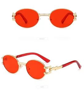 Front and side views of punk round sunglasses with gold metal frame and red lenses