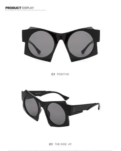 Front and 45-degree side view of chunky geometric sunglasses with dark round lenses