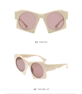 Detail view of cream geometric sunglasses showing front and 45-degree side profiles
