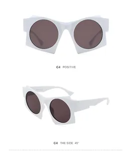 Detail of white geometric sunglasses with dark round lenses and CE marking