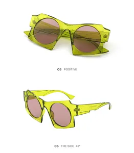 Dual-view of geometric neon green sunglasses with purple lenses and jagged temples