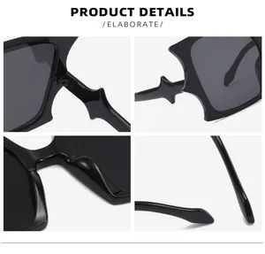 Detailed views of black oversized bat-shaped sunglasses with sharp edges and sturdy hinges
