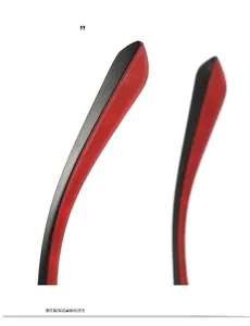 Detail view of ergonomic red and black curved temples for square polarized sunglasses