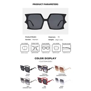Detailed size chart and multi-color options for bat-shaped oversized square sunglasses