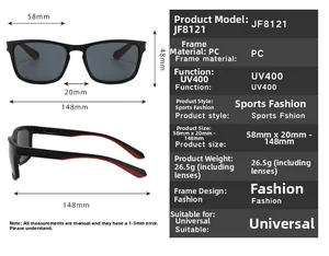 Detailed size specifications for PC frame polarized sunglasses with UV400 protection