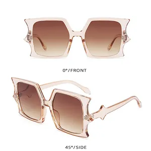 Front and side views of oversized geometric champagne square sunglasses with gradient lenses