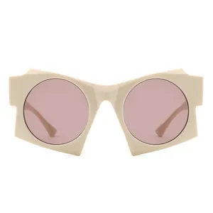 Minimalist beige geometric sunglasses for women with brown lenses and UV protection