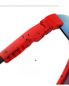 Detail of durable black hinge structure on red spotted sports cycling sunglasses