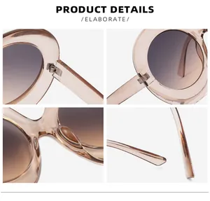 Detailed views of oval sunglasses featuring reinforced hinges, nose pads, and tan frames