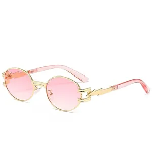 Retro punk round sunglasses with pink gradient lenses and gold lightning metal frames