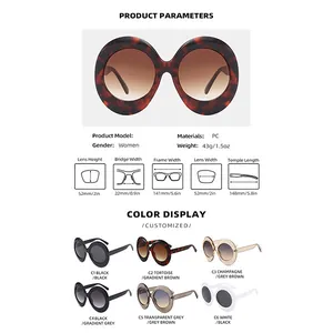 Detailed size chart for retro oval sunglasses showing dimensions in millimeters and inches