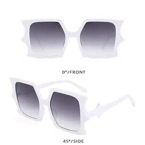 Front and 45-degree side views of white oversized bat-frame square sunglasses for women