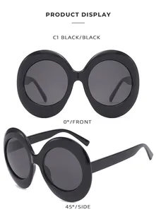 Front and 45-degree side views of glossy black oval sunglasses in a retro style