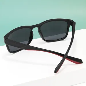 Mens square polarized sunglasses with matte black frames and red accented temples