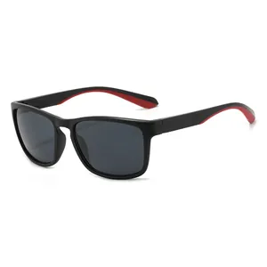 Classic square black polarized sunglasses for men with sporty red interior temple accents