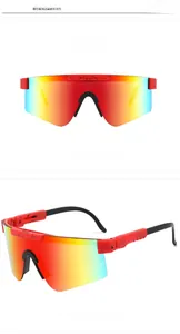 Detail view of red speckled frames and gradient orange mirrored cycling sunglasses