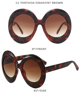 Detailed front and 45-degree views of tortoise shell oversized oval sunglasses