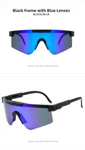 Front and side view of blue mirrored wrap-around cycling sunglasses with black print frames