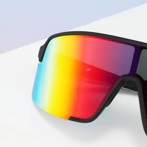 Oversized sports cycling sunglasses with rainbow gradient lenses and matte black frame