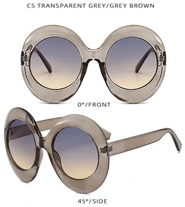 Detailed views of C5 oval sunglasses with transparent grey frames and gradient lenses