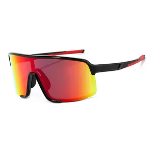 Oversized wrap-around cycling sunglasses with red gradient mirrored lenses and black frame