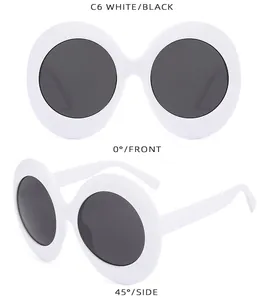 Front and side view of C6 retro oversized white plastic frame sunglasses with black lenses