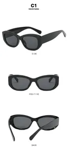 Three-angle view of vintage chunky black sunglasses with broad temples and C1 frame model