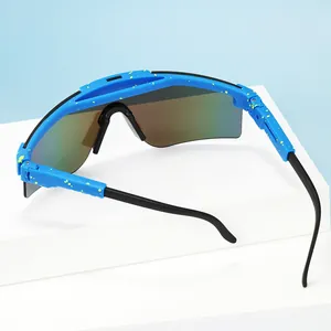 Outdoor cycling sports sunglasses with blue splatter frame and rainbow mirrored lens
