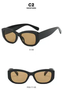 Front and side view of C2 retro black sunglasses with stylish amber lenses and thick frames