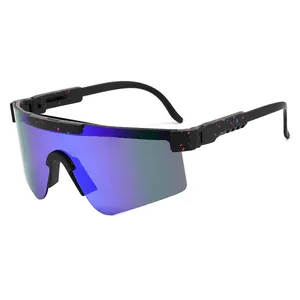 Outdoor cycling sports sunglasses with iridescent one-piece lens and speckled black frames