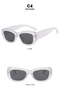 Front and side views of translucent purple retro sunglasses with dark gray lenses