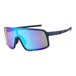 Outdoor cycling sunglasses with blue-purple mirrored lens and splash paint frame