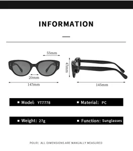 Detaillierte Größenangaben für YT7778 Cat-Eye-Sonnenbrille aus PC-Material mit 147 mm Breite