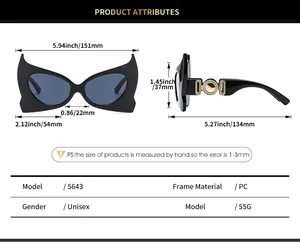 Tabella taglie per occhiali da sole cat eye con dettagli su larghezza lenti e materiale PC
