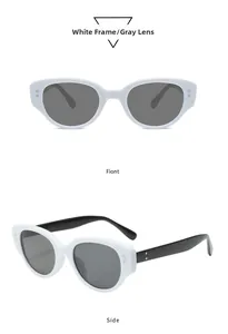 Detailansicht der Katzenaugen-Sonnenbrille mit weißem Rahmen und Metallnieten von vorne