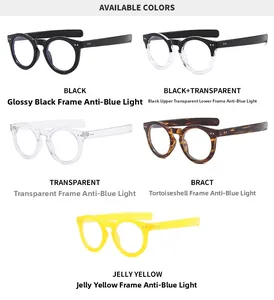 Matrixoverzicht van ronde vintage blauwlichtfilter brillen in vijf diverse kleuren