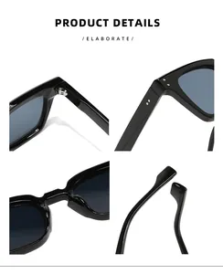 Detailed views of square sunglasses featuring metal hinges and dual rivet accents