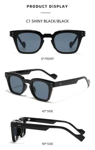 Three perspectives of shiny black square frame sunglasses with unique wavy temple design