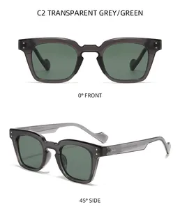 Front and side view of square transparent grey sunglasses with dark green lenses
