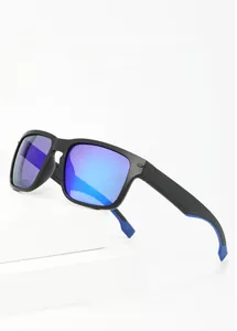 Detailed view of matte black sports sunglasses with polarized blue lenses and UV400 protection