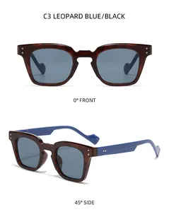 Macro detail of leopard print frames with royal blue temples and silver rivets