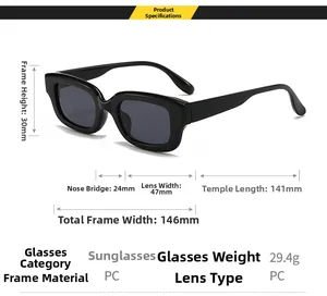 Detailed size specifications for small rectangle sunglasses with 146mm frame width