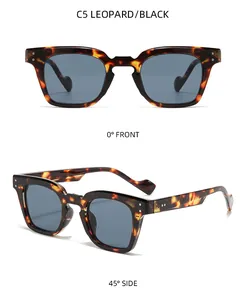 Detailed front and side views of vintage leopard print square sunglasses with metal rivets