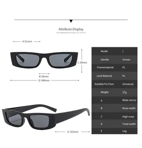 Detailed size chart and specifications for black narrow rectangular retro sunglasses